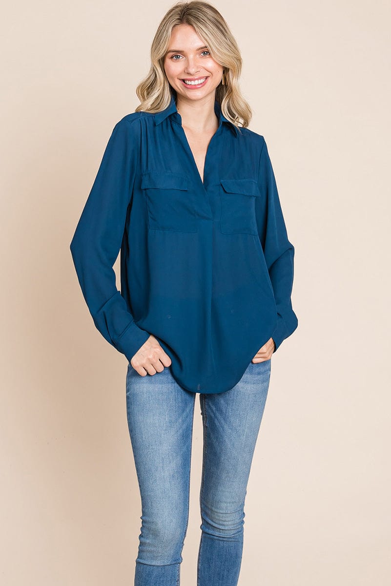 V neck Collared Pocket Detail Blouse Shirts