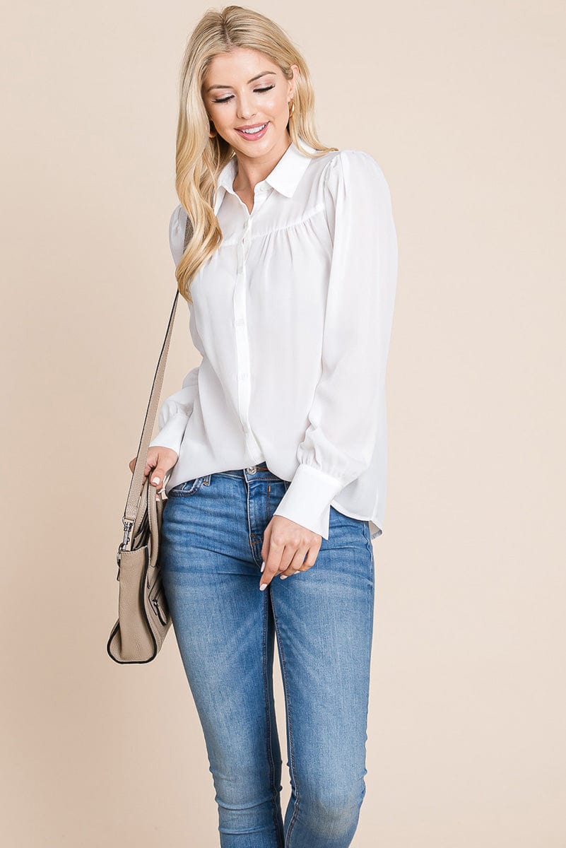 Collared Long Sleeve Pleated Detail Blouse Tops