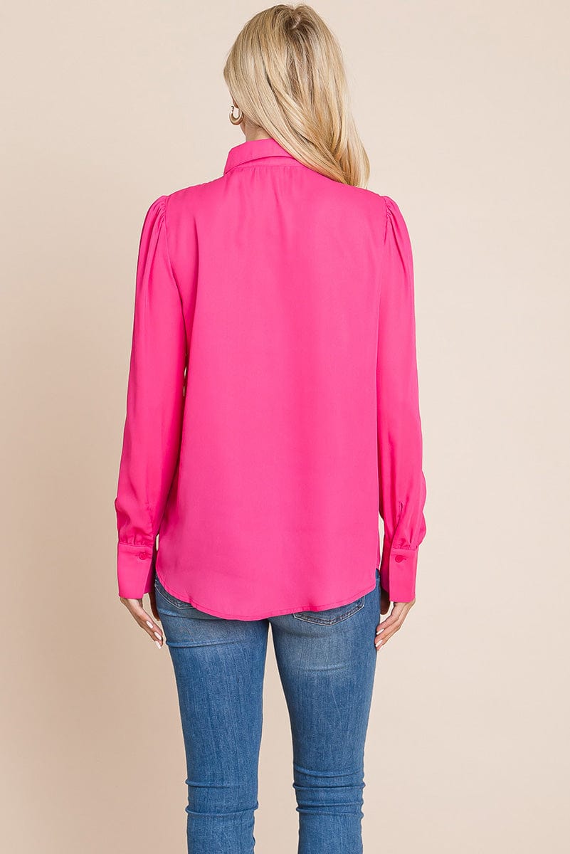 Collared Long Sleeve Pleated Detail Blouse Tops