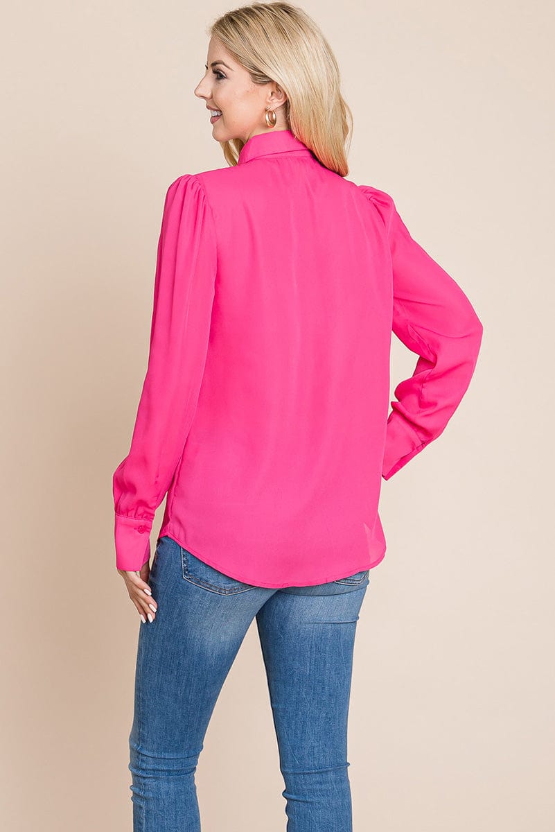 Collared Long Sleeve Pleated Detail Blouse Tops