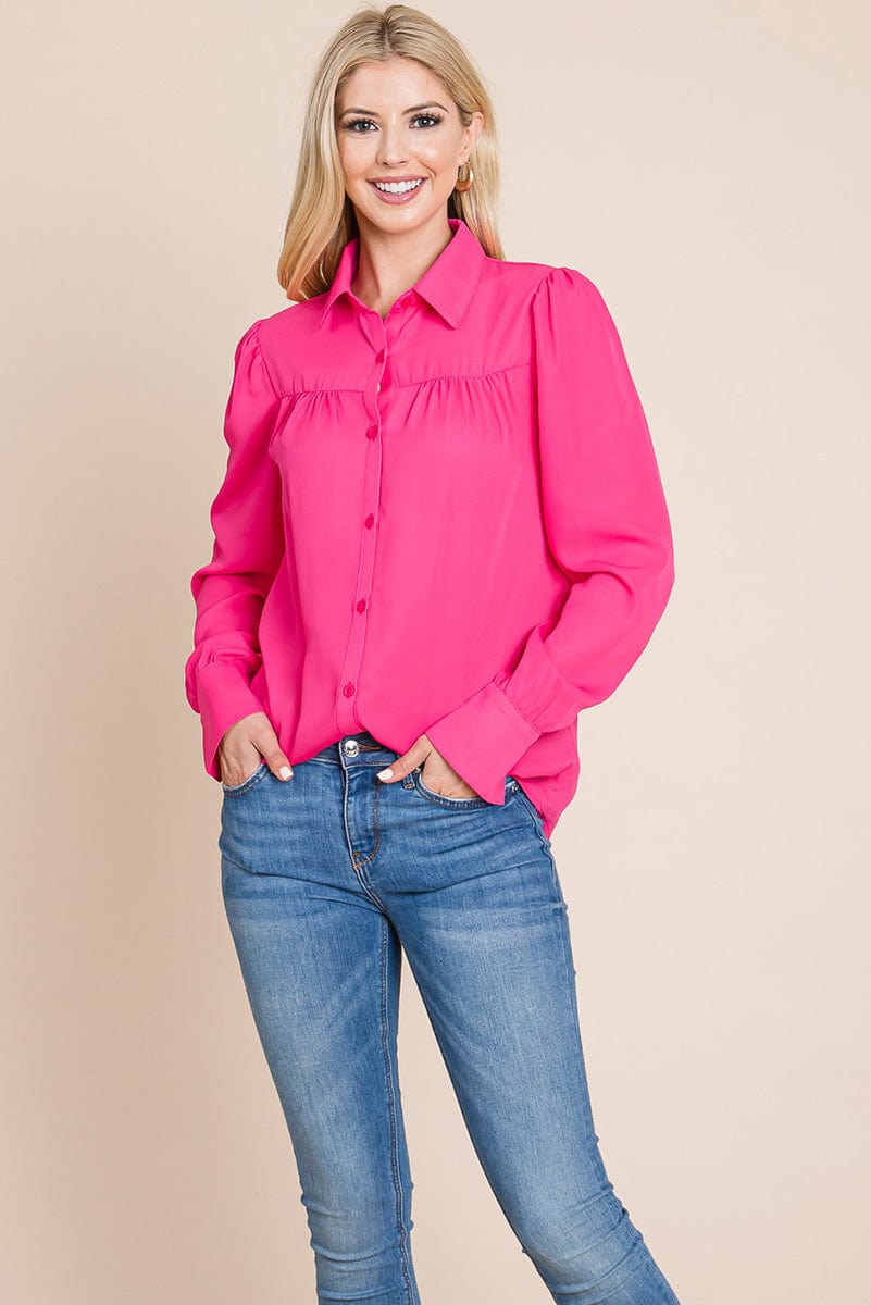 Collared Long Sleeve Pleated Detail Blouse Tops