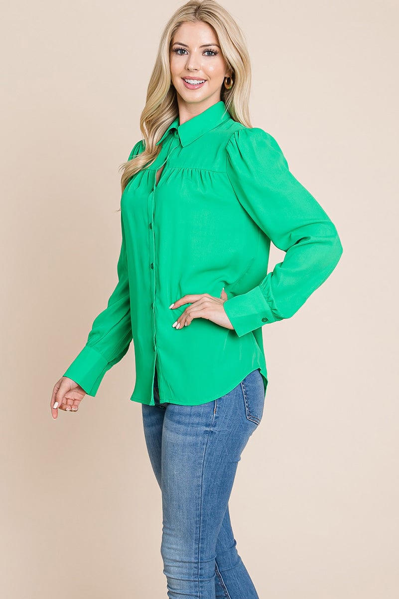 Collared Long Sleeve Pleated Detail Blouse Tops