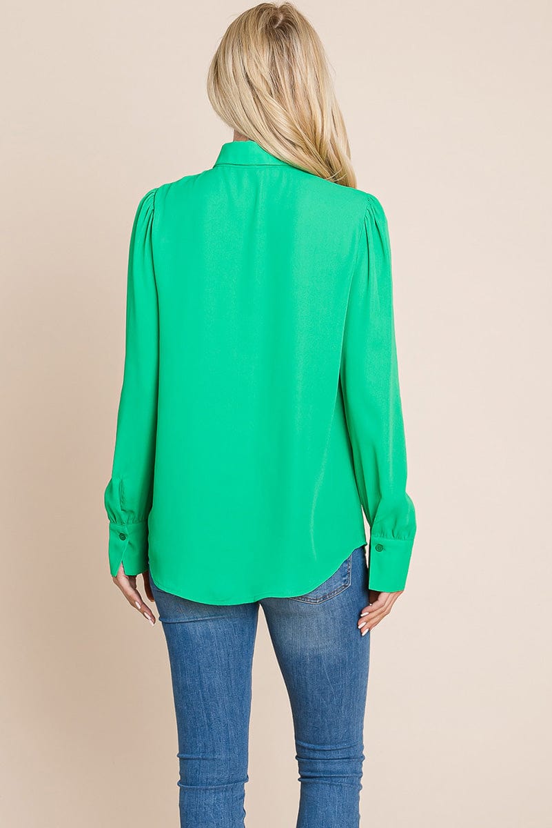 Collared Long Sleeve Pleated Detail Blouse Tops