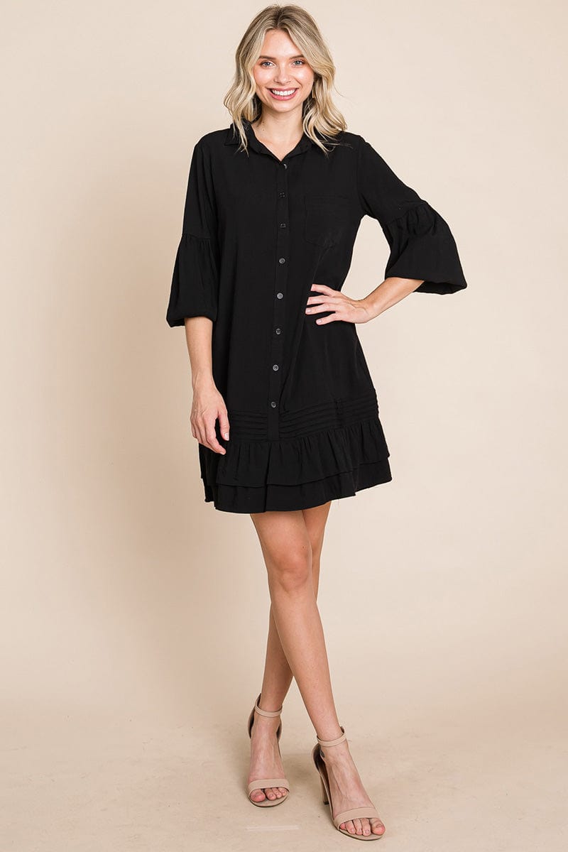 Collared Ruffled Hem Pintucked Shirt Dress