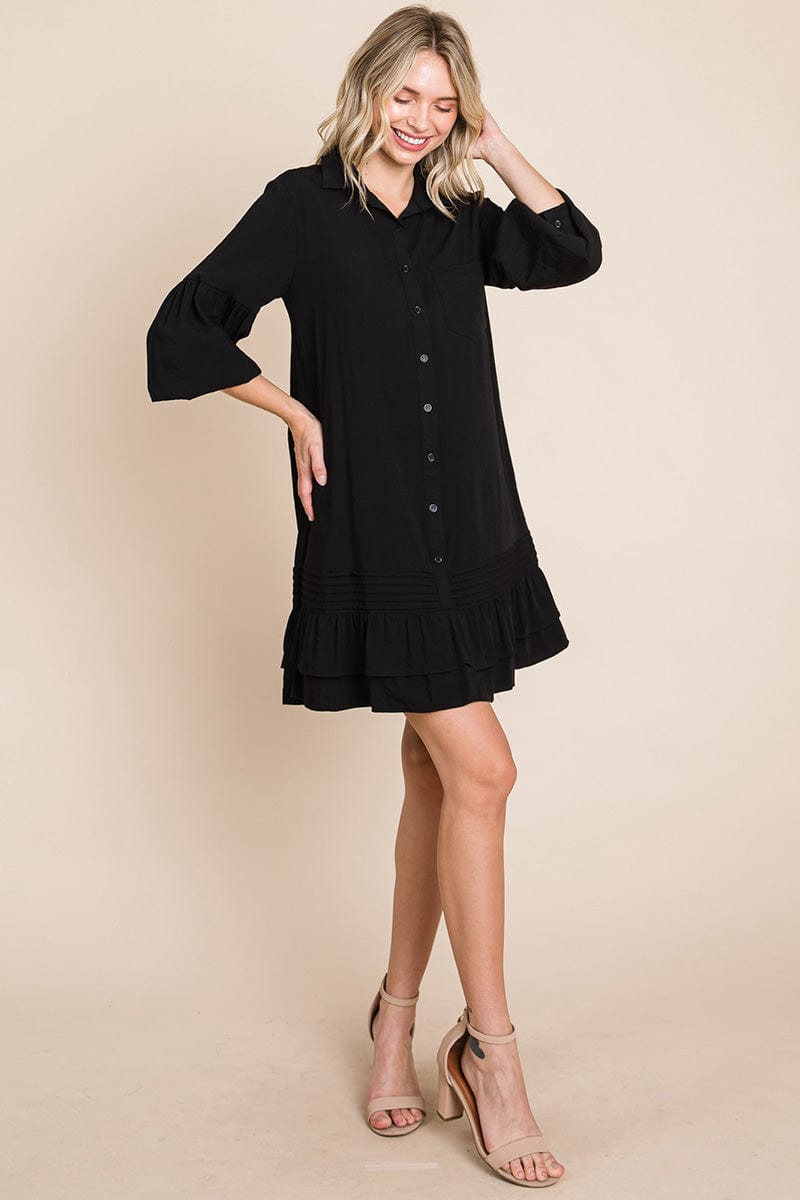 Collared Ruffled Hem Pintucked Shirt Dress