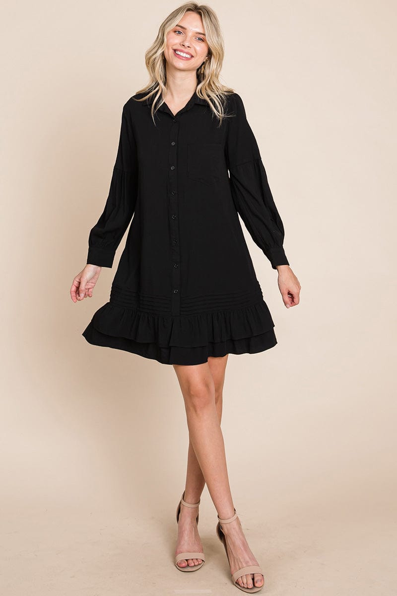 Collared Ruffled Hem Pintucked Shirt Dress