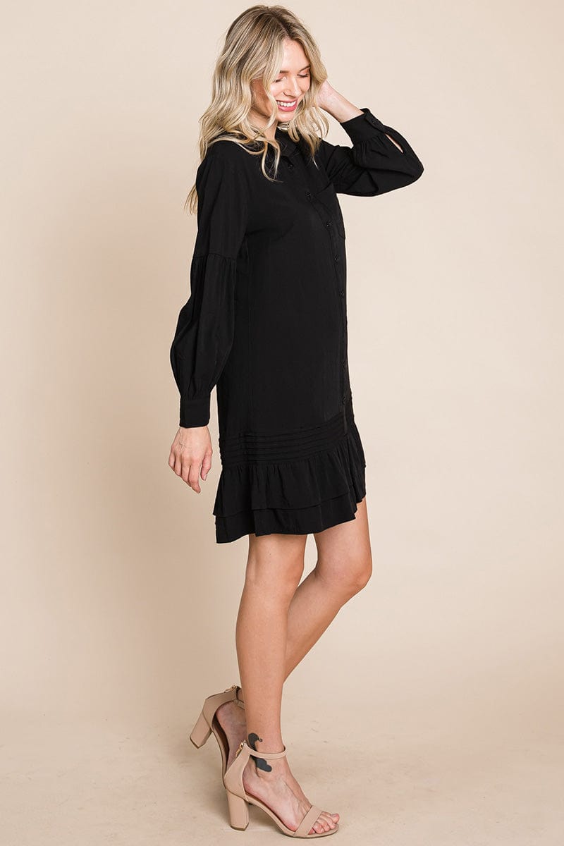 Collared Ruffled Hem Pintucked Shirt Dress