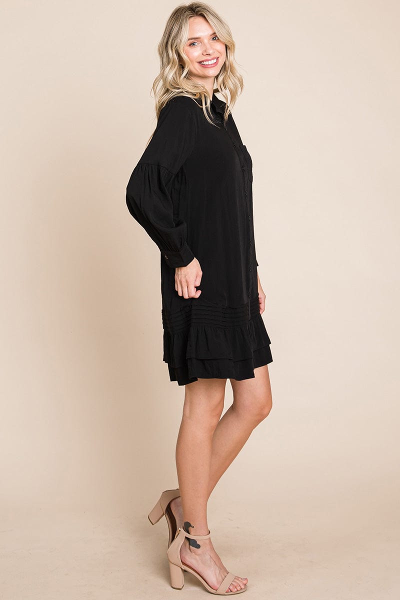 Collared Ruffled Hem Pintucked Shirt Dress