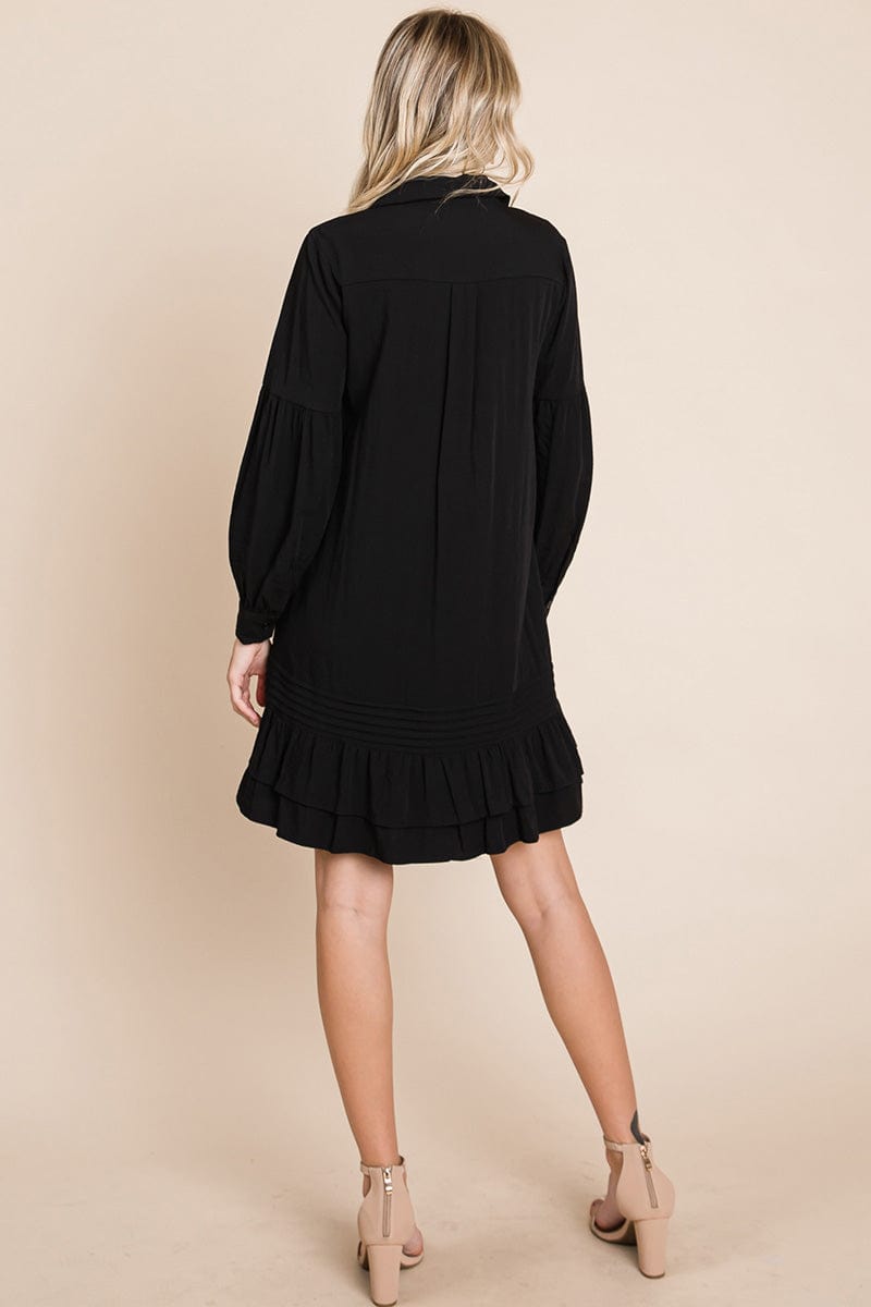 Collared Ruffled Hem Pintucked Shirt Dress