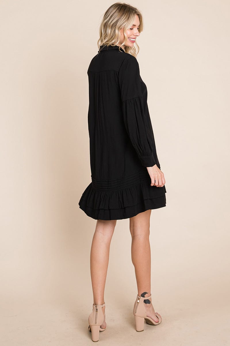 Collared Ruffled Hem Pintucked Shirt Dress