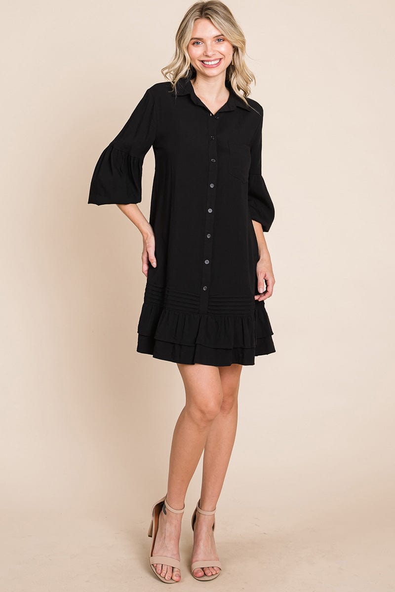 Collared Ruffled Hem Pintucked Shirt Dress