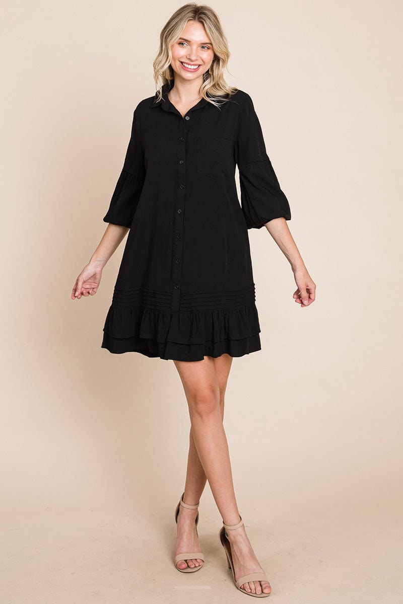 Collared Ruffled Hem Pintucked Shirt Dress