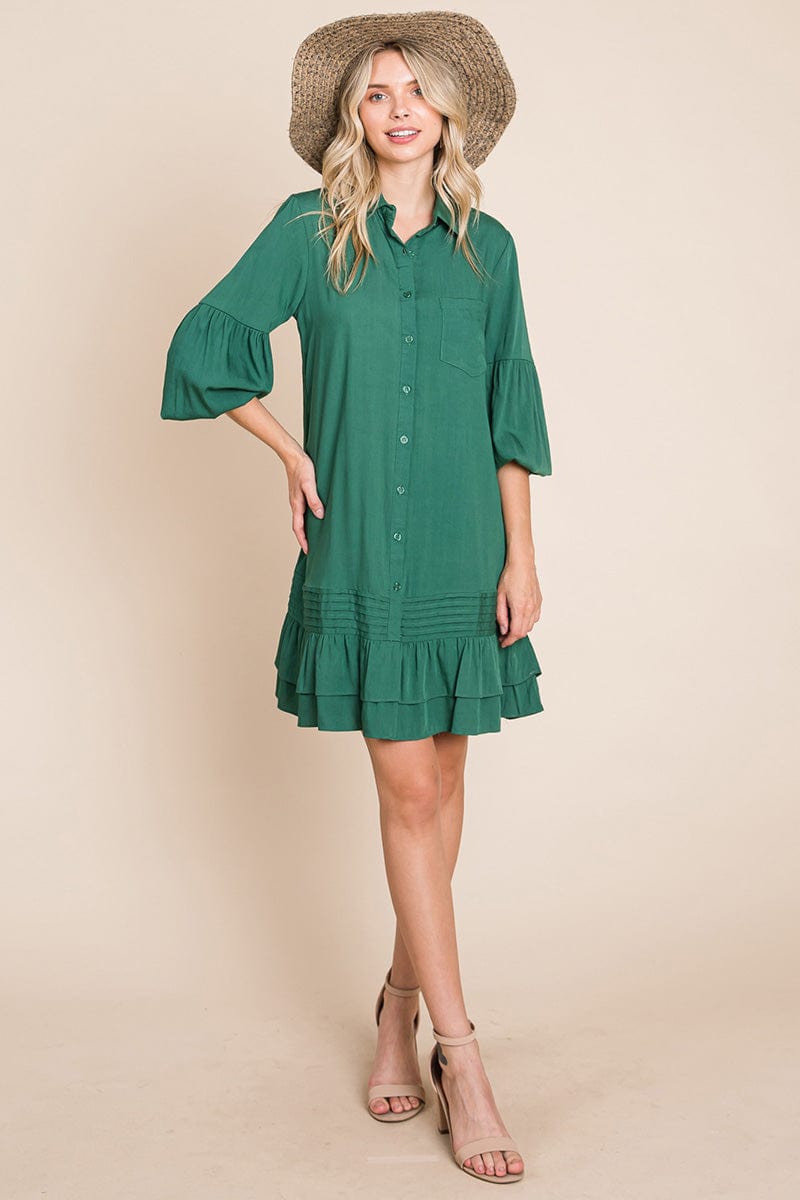 Collared Ruffled Hem Pintucked Shirt Dress