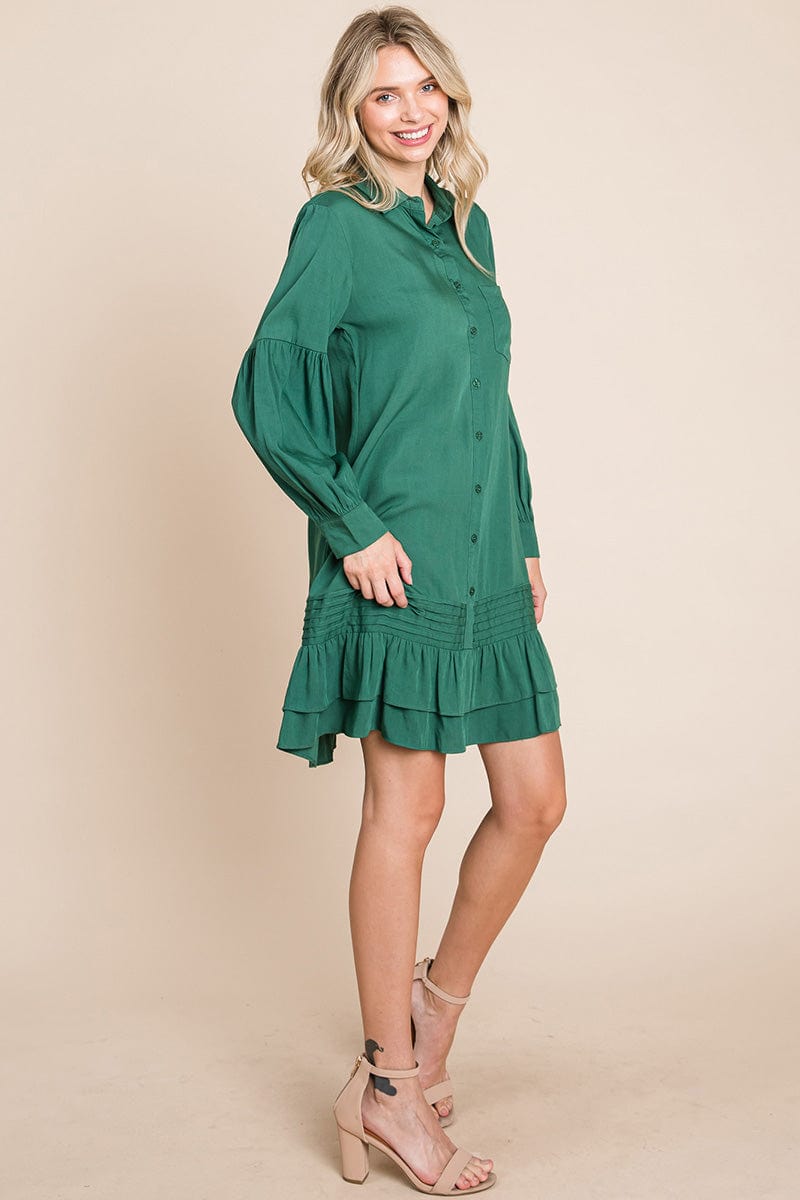 Collared Ruffled Hem Pintucked Shirt Dress