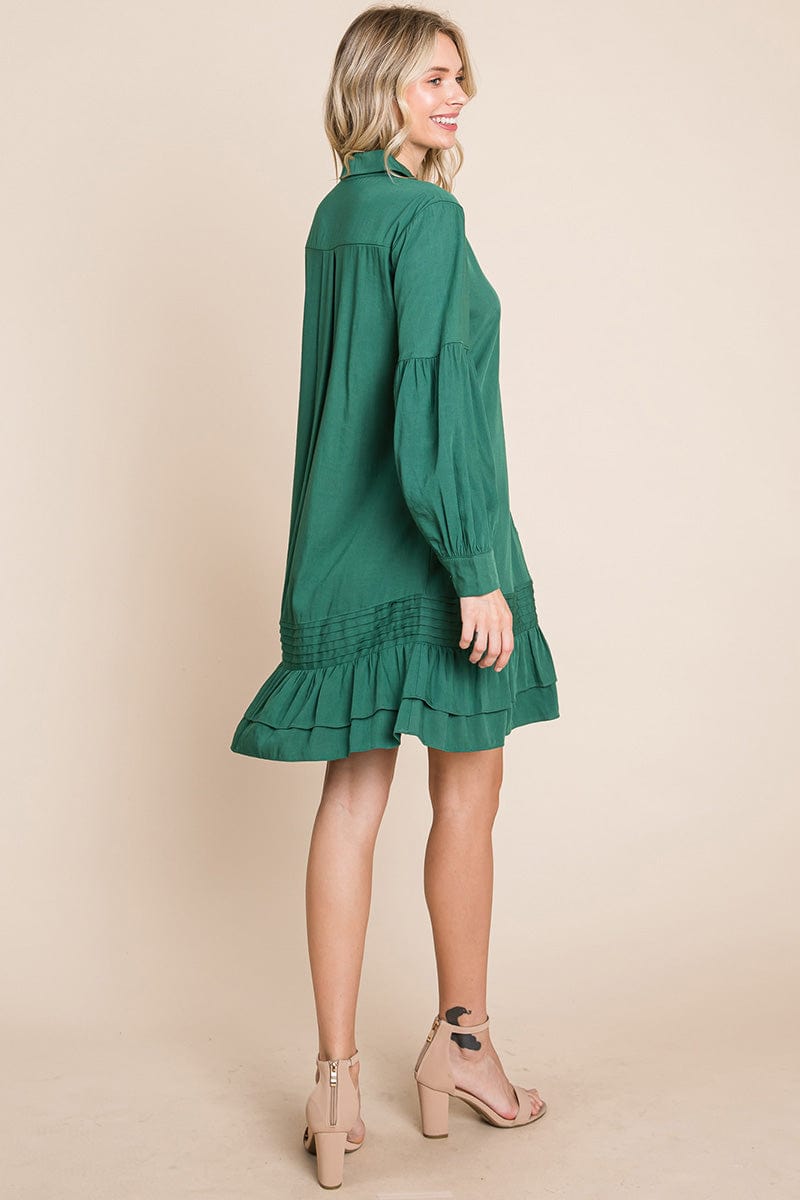 Collared Ruffled Hem Pintucked Shirt Dress