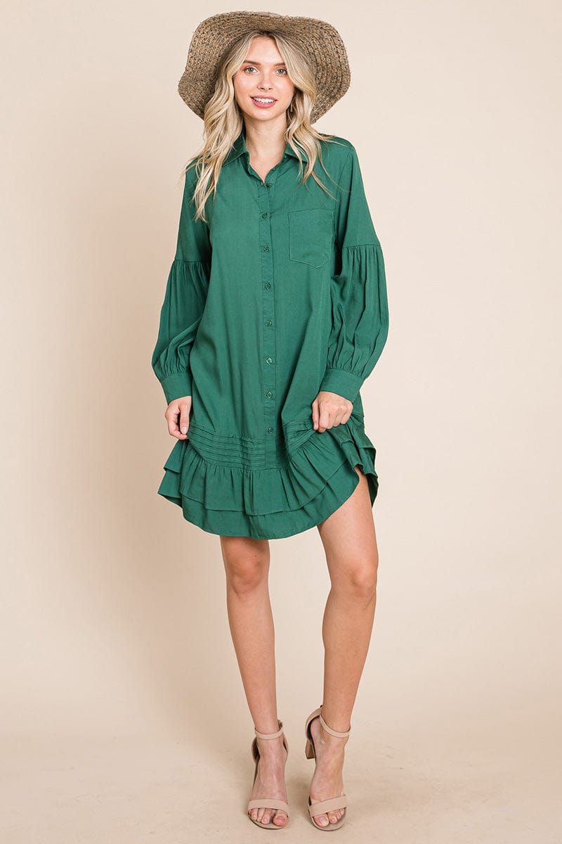 Collared Ruffled Hem Pintucked Shirt Dress