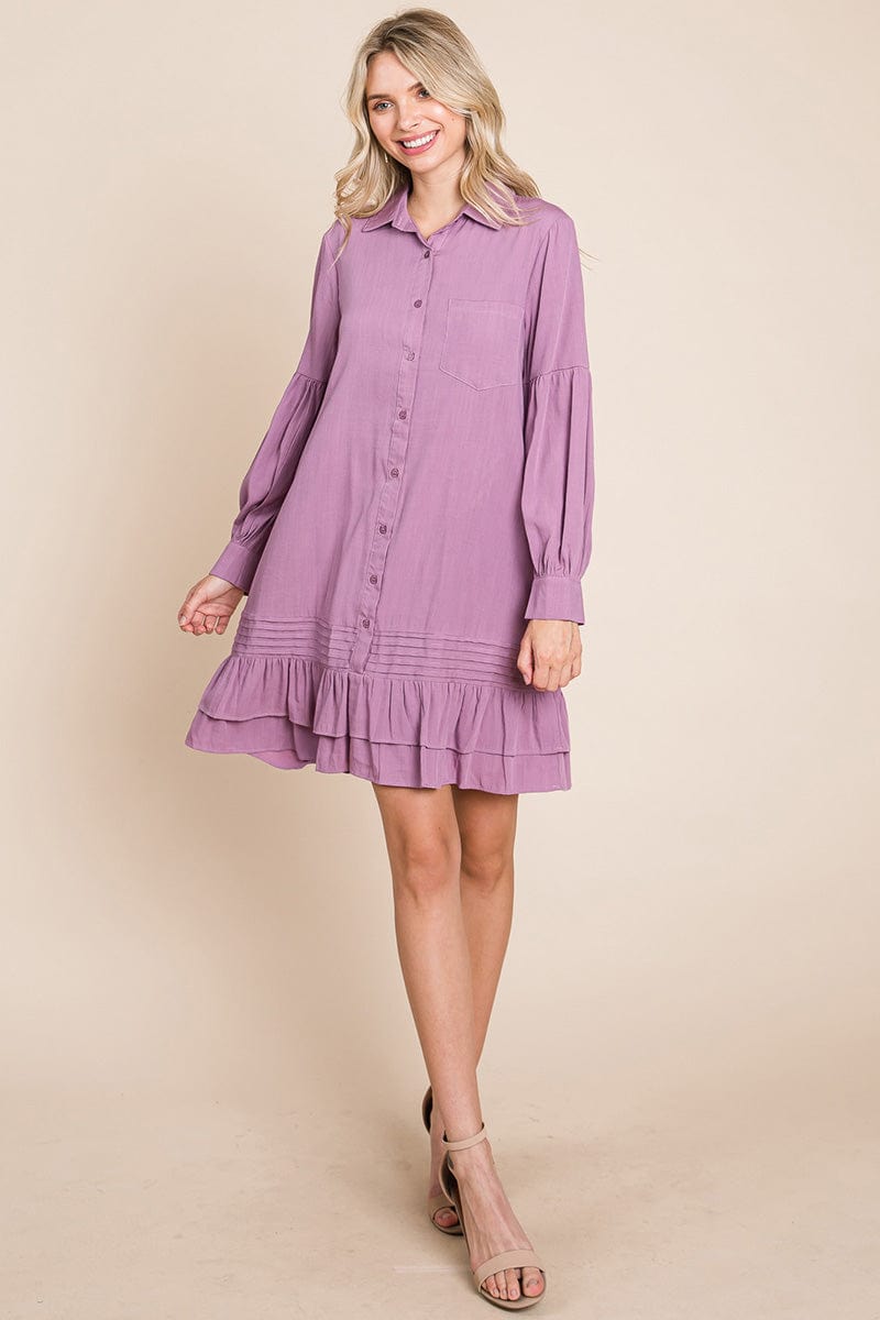 Collared Ruffled Hem Pintucked Shirt Dress