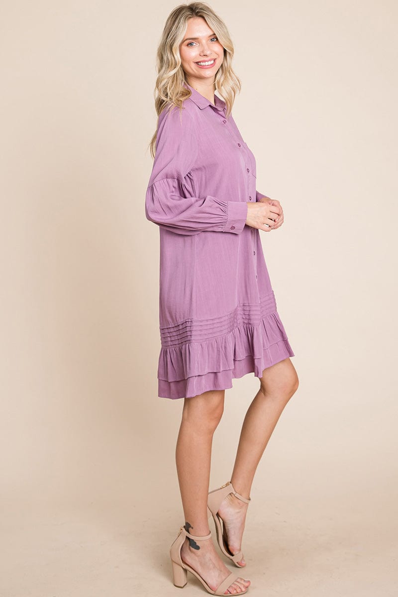 Collared Ruffled Hem Pintucked Shirt Dress