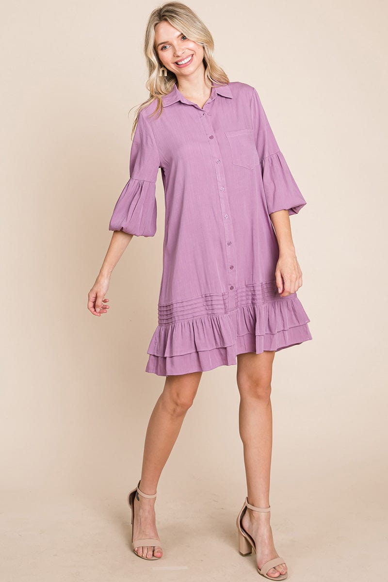 Collared Ruffled Hem Pintucked Shirt Dress