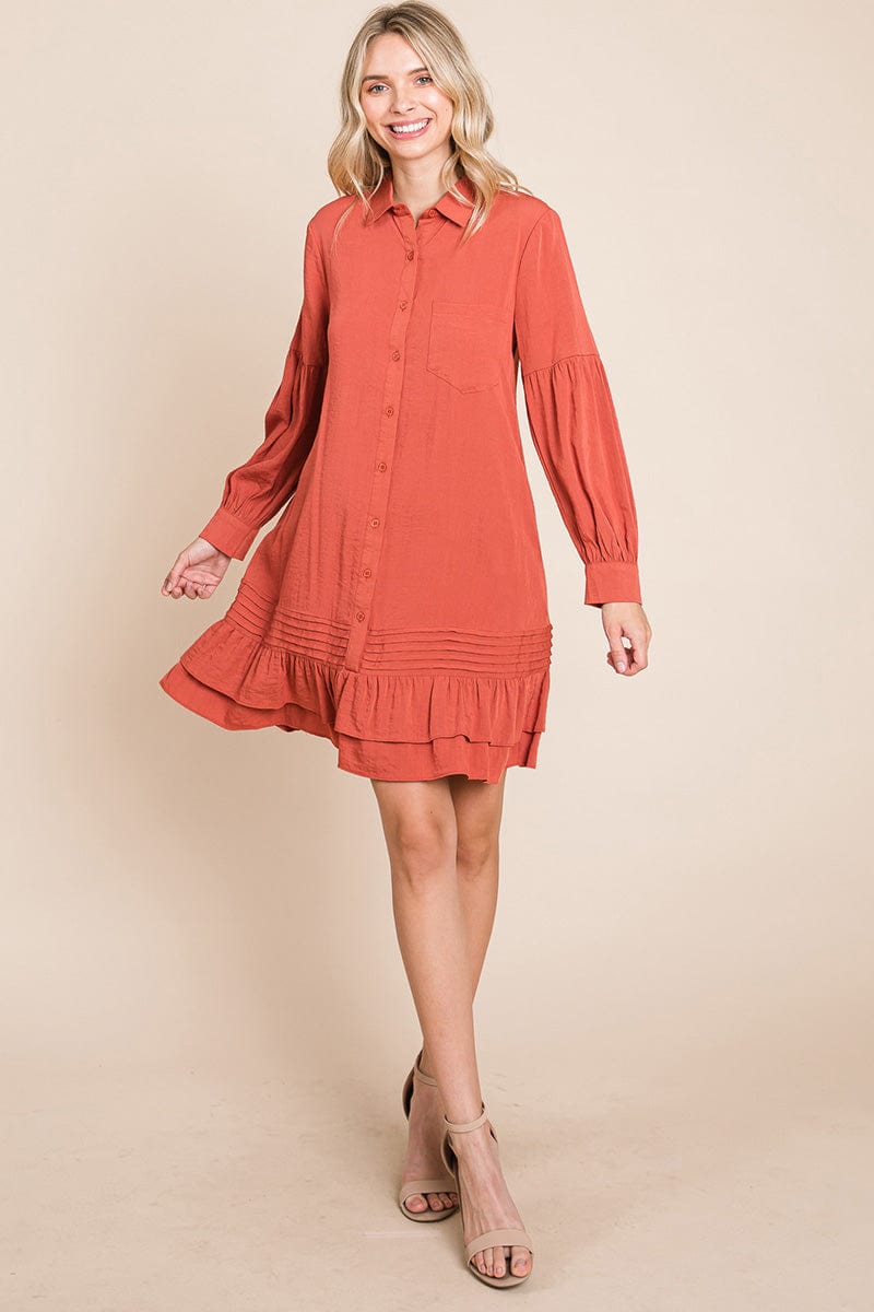 Collared Ruffled Hem Pintucked Shirt Dress