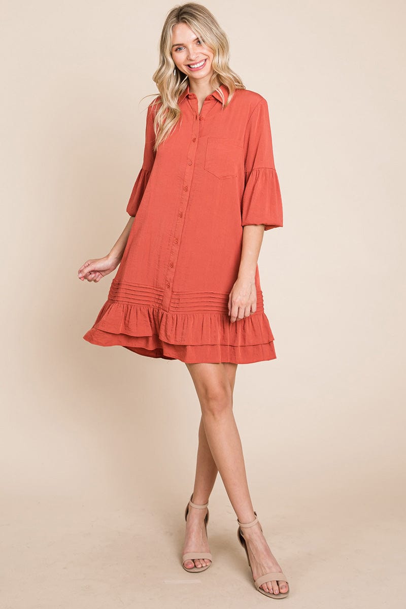 Collared Ruffled Hem Pintucked Shirt Dress