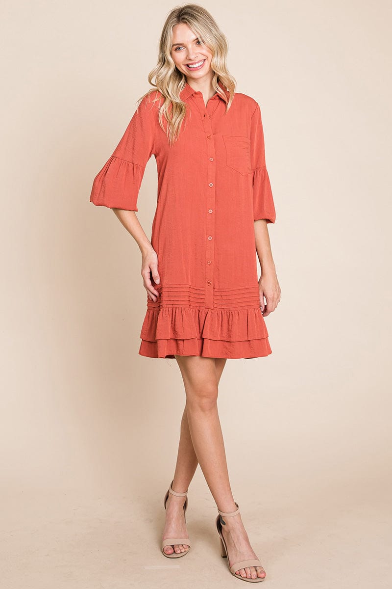 Collared Ruffled Hem Pintucked Shirt Dress