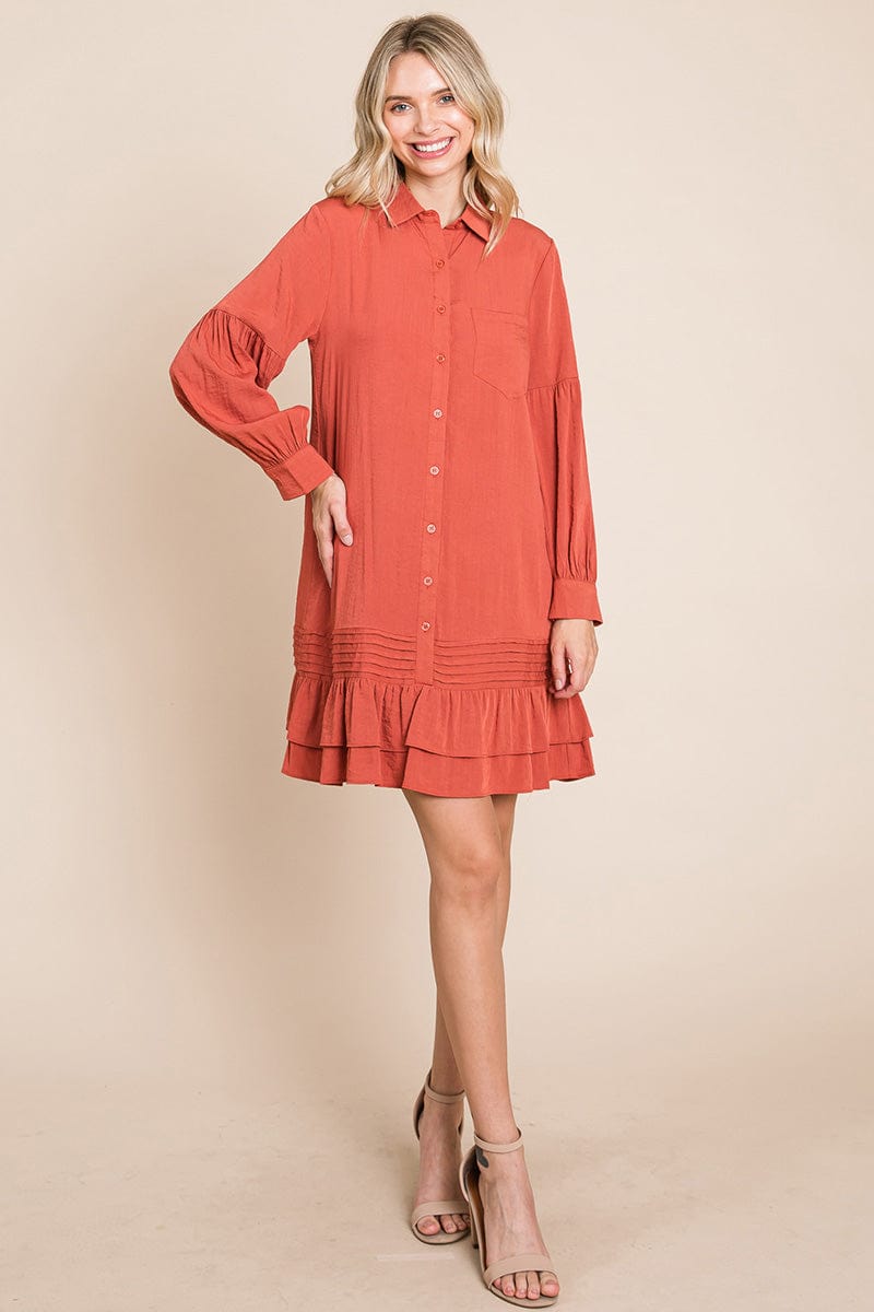 Collared Ruffled Hem Pintucked Shirt Dress