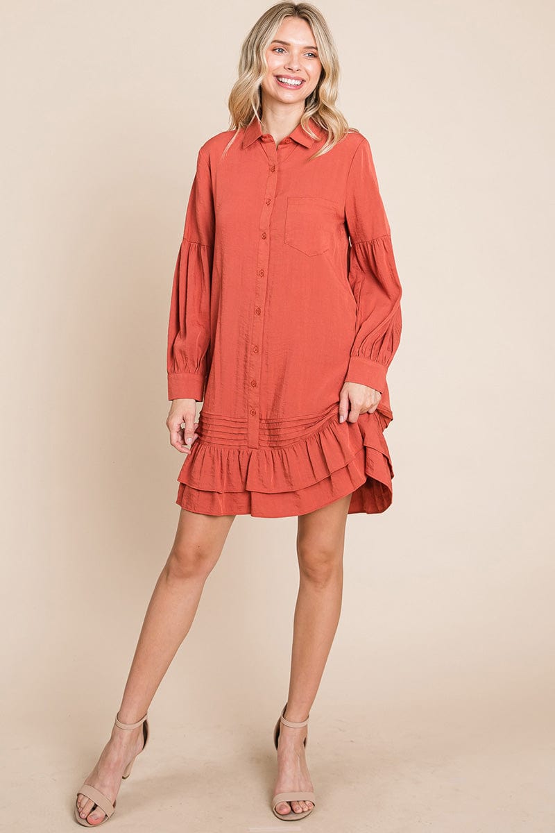 Collared Ruffled Hem Pintucked Shirt Dress