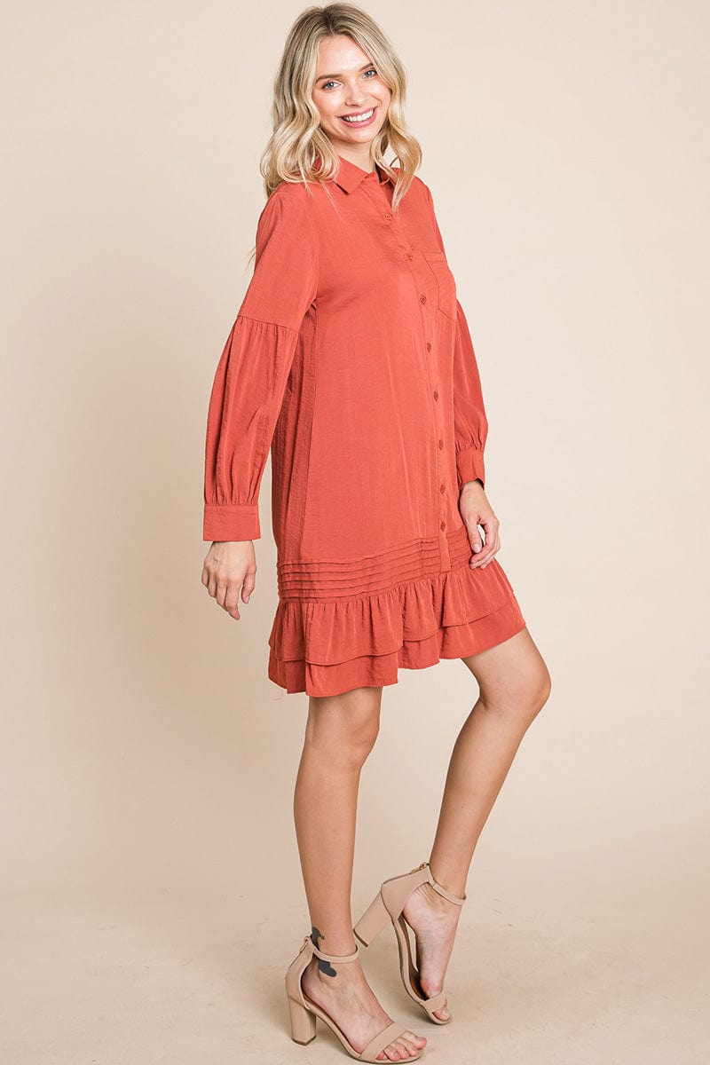 Collared Ruffled Hem Pintucked Shirt Dress