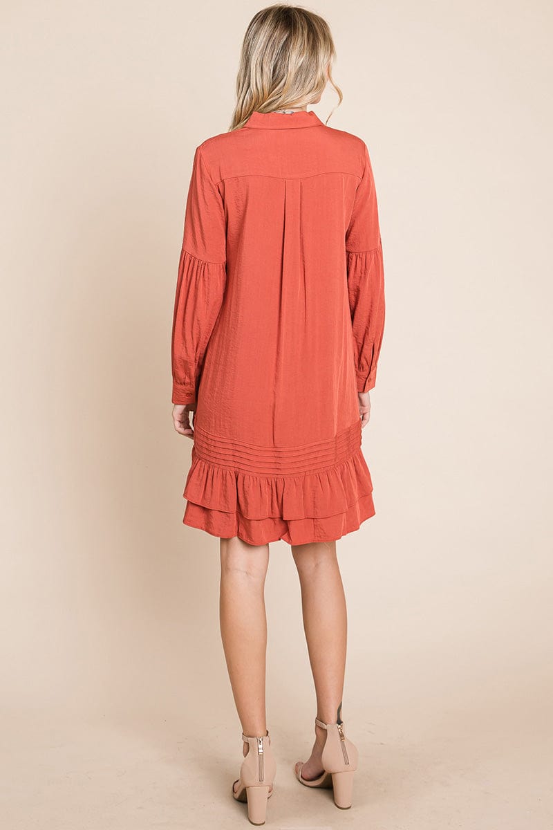 Collared Ruffled Hem Pintucked Shirt Dress