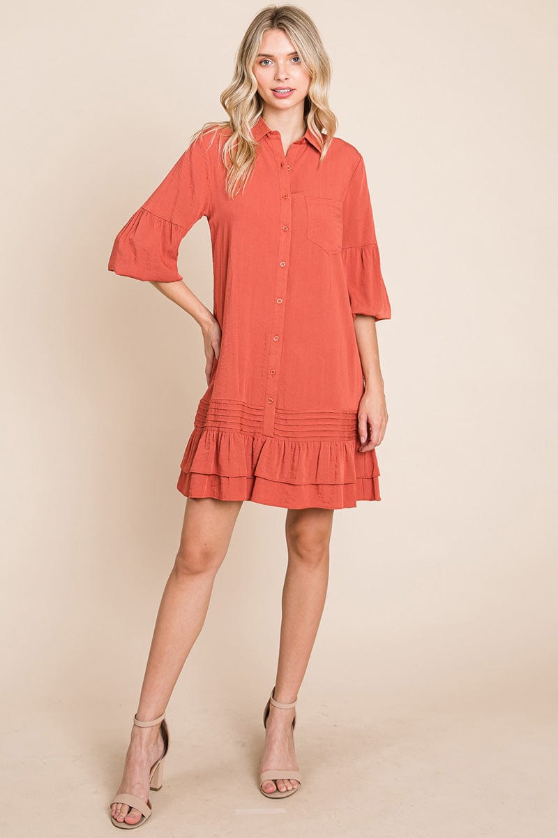 Collared Ruffled Hem Pintucked Shirt Dress