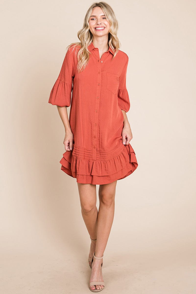 Collared Ruffled Hem Pintucked Shirt Dress