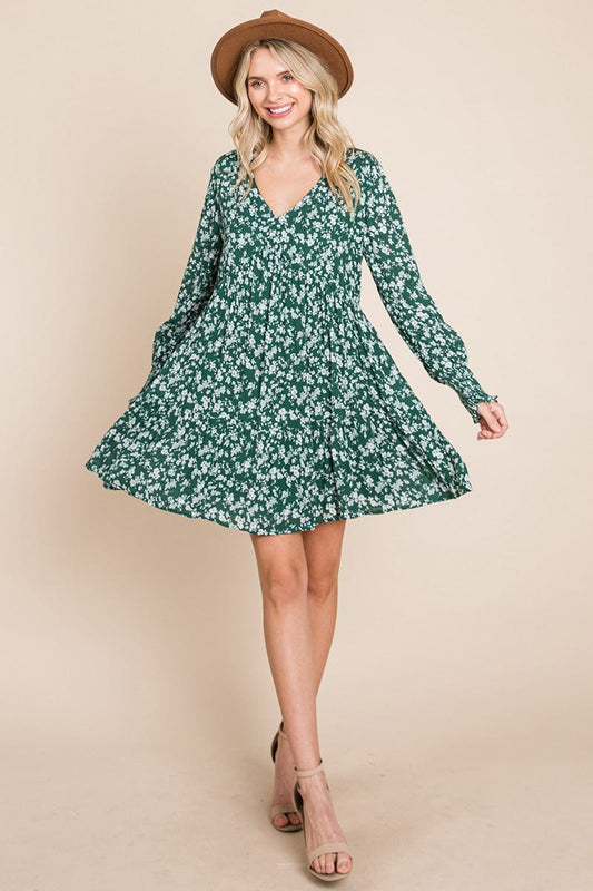 V neck Floral Printed Long Sleeve Pleated Dress