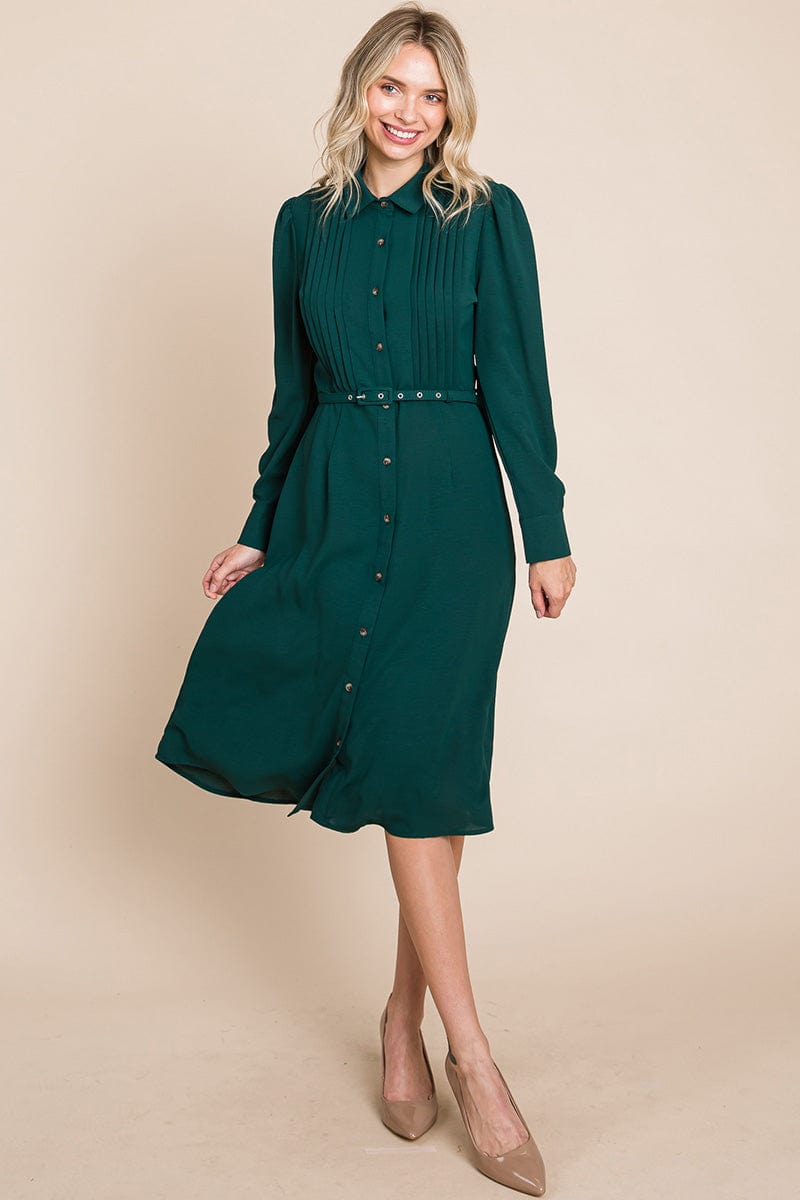 Pintucked Front Button Down Shirtdress with Belt