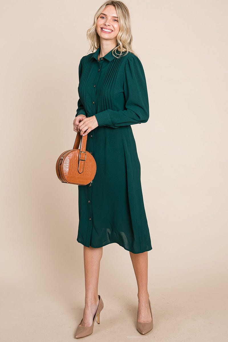 Pintucked Front Button Down Shirtdress with Belt