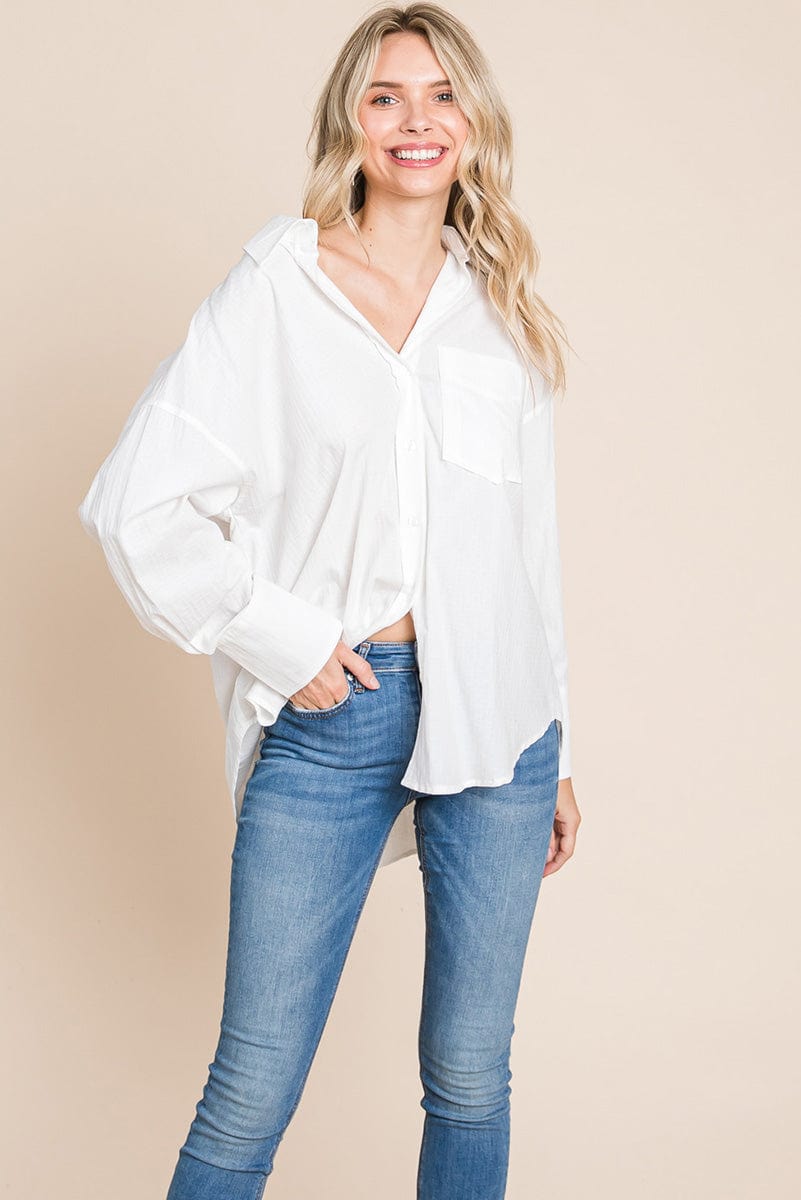 Low Shoulder Button up Cotton Shirts Blouse