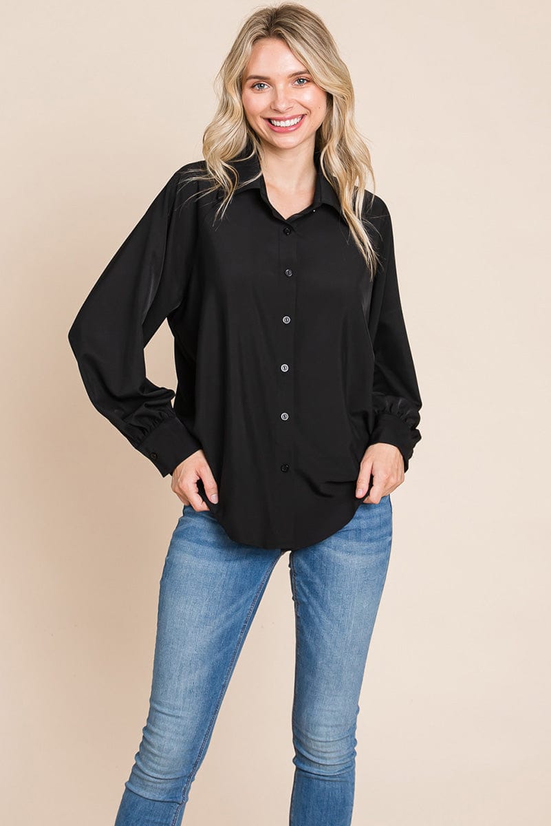 Collared Long Sleeve Button up Silky Shirts Blouse