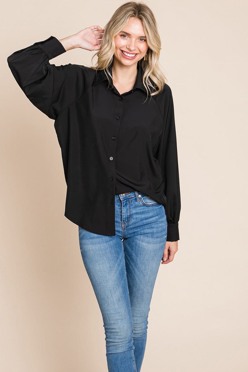 Collared Long Sleeve Button up Silky Shirts Blouse