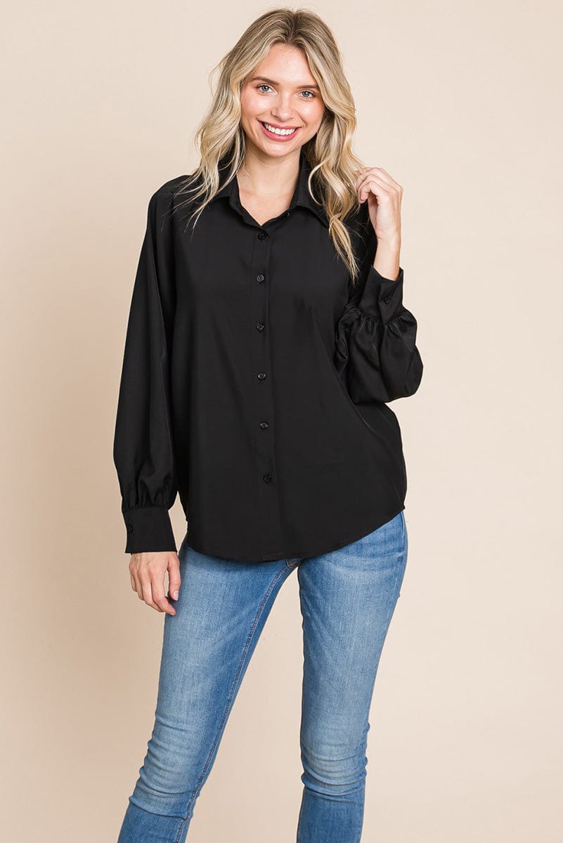 Collared Long Sleeve Button up Silky Shirts Blouse