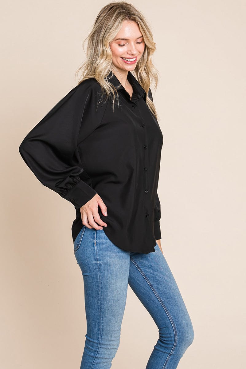 Collared Long Sleeve Button up Silky Shirts Blouse