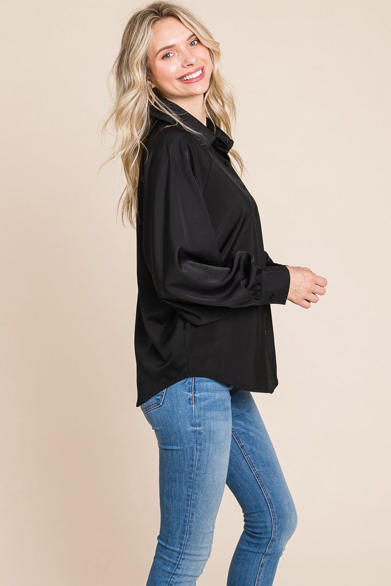 Collared Long Sleeve Button up Silky Shirts Blouse