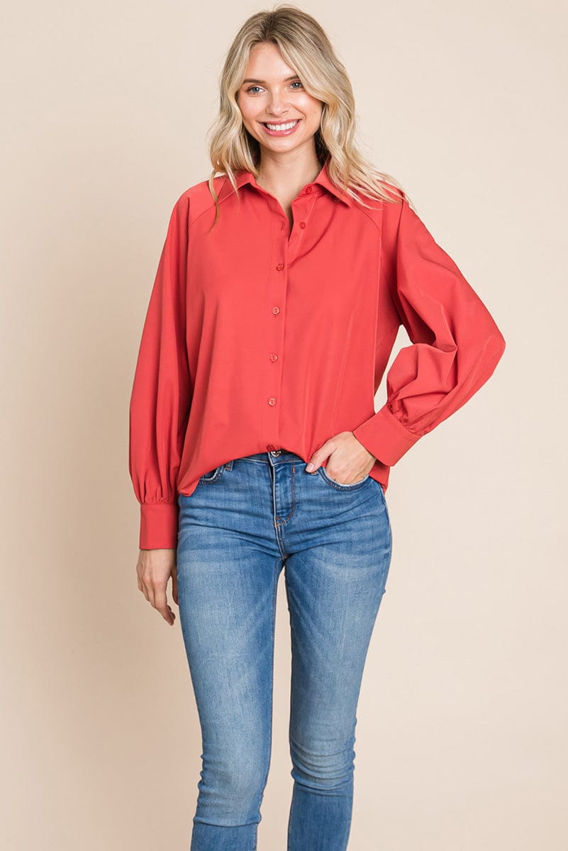 Collared Long Sleeve Button up Silky Shirts Blouse