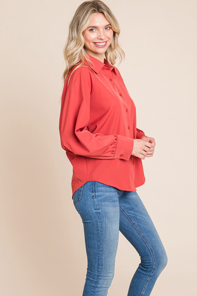 Collared Long Sleeve Button up Silky Shirts Blouse