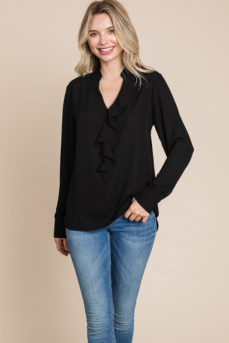 Ruffled V neck Long Sleeve Blouse Tops