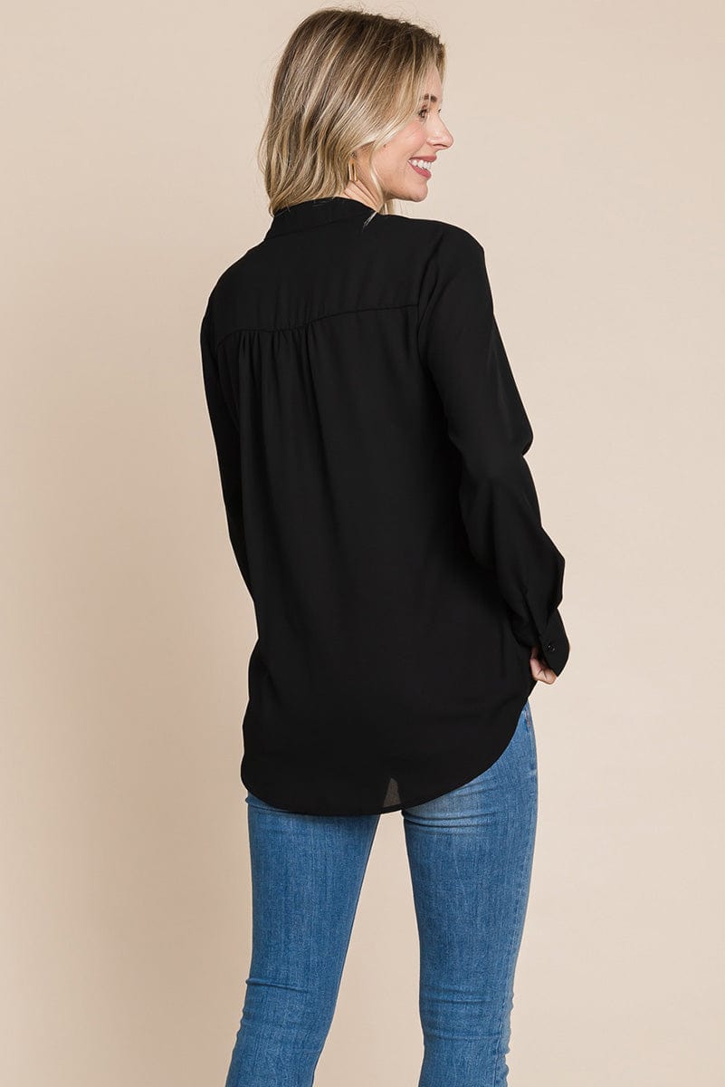 Ruffled V neck Long Sleeve Blouse Tops