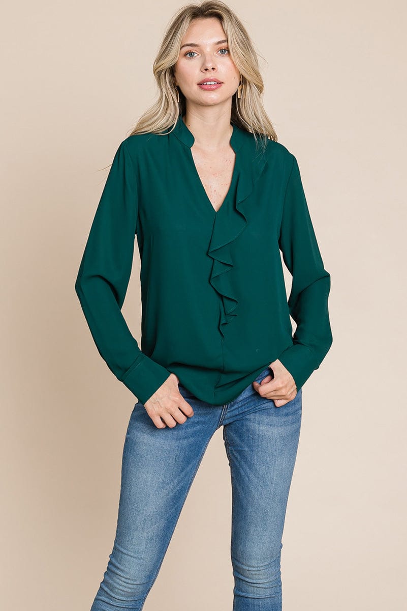 Ruffled V neck Long Sleeve Blouse Tops