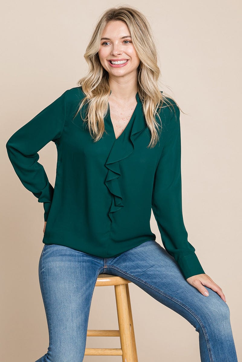 Ruffled V neck Long Sleeve Blouse Tops