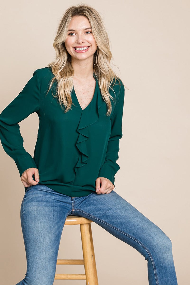 Ruffled V neck Long Sleeve Blouse Tops