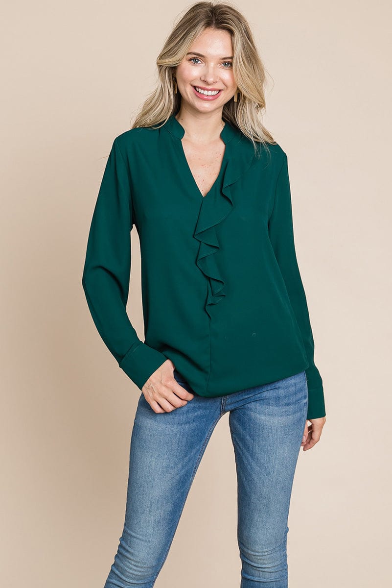 Ruffled V neck Long Sleeve Blouse Tops