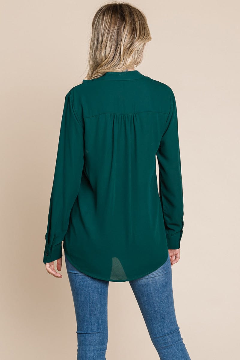 Ruffled V neck Long Sleeve Blouse Tops